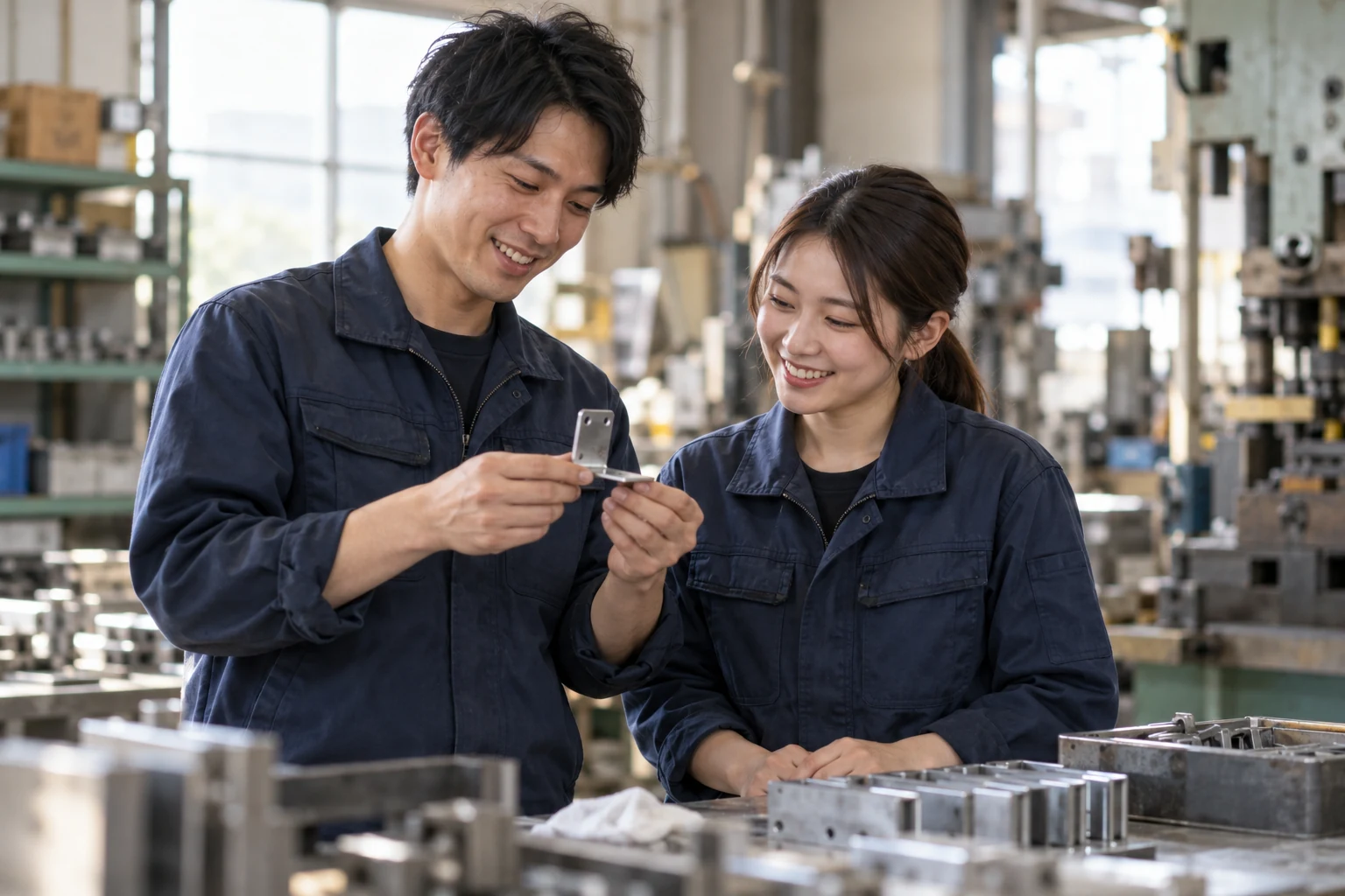 完成した金属部品を見ながら笑顔で話す二人のスタッフ(AI生成イメージ)